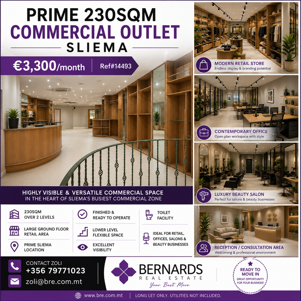 Prime 230sqm Commercial Outlet in Sliema