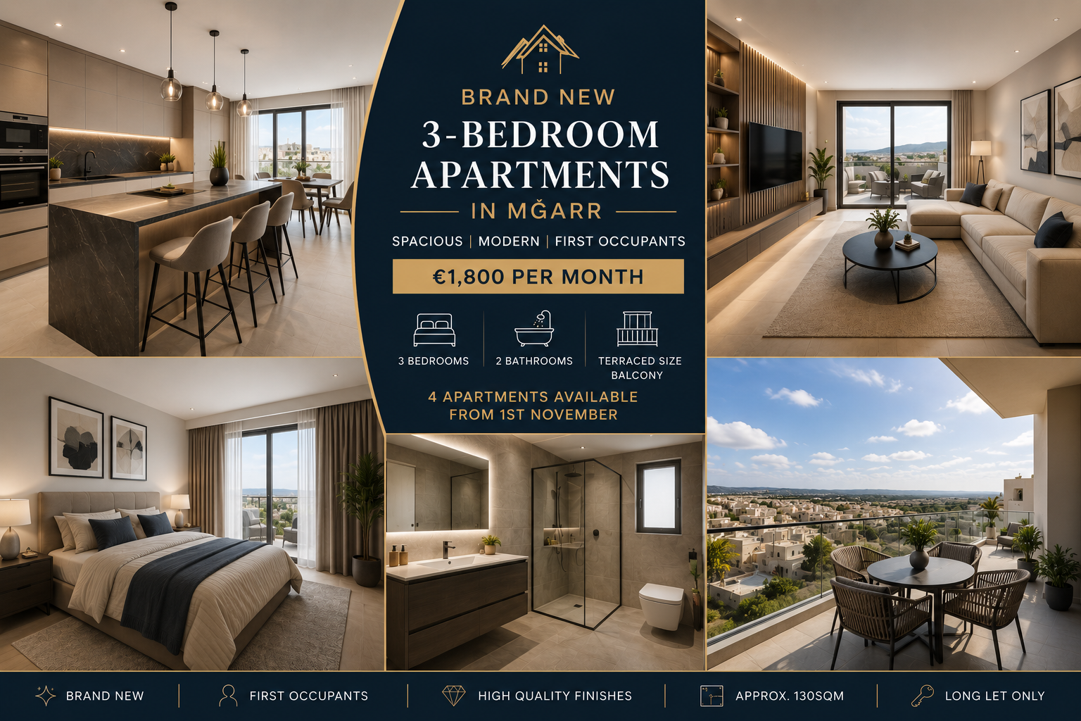 Selection of Stunning Brand-New 3-Bedroom Apartments in Mġarr – €1,800/month