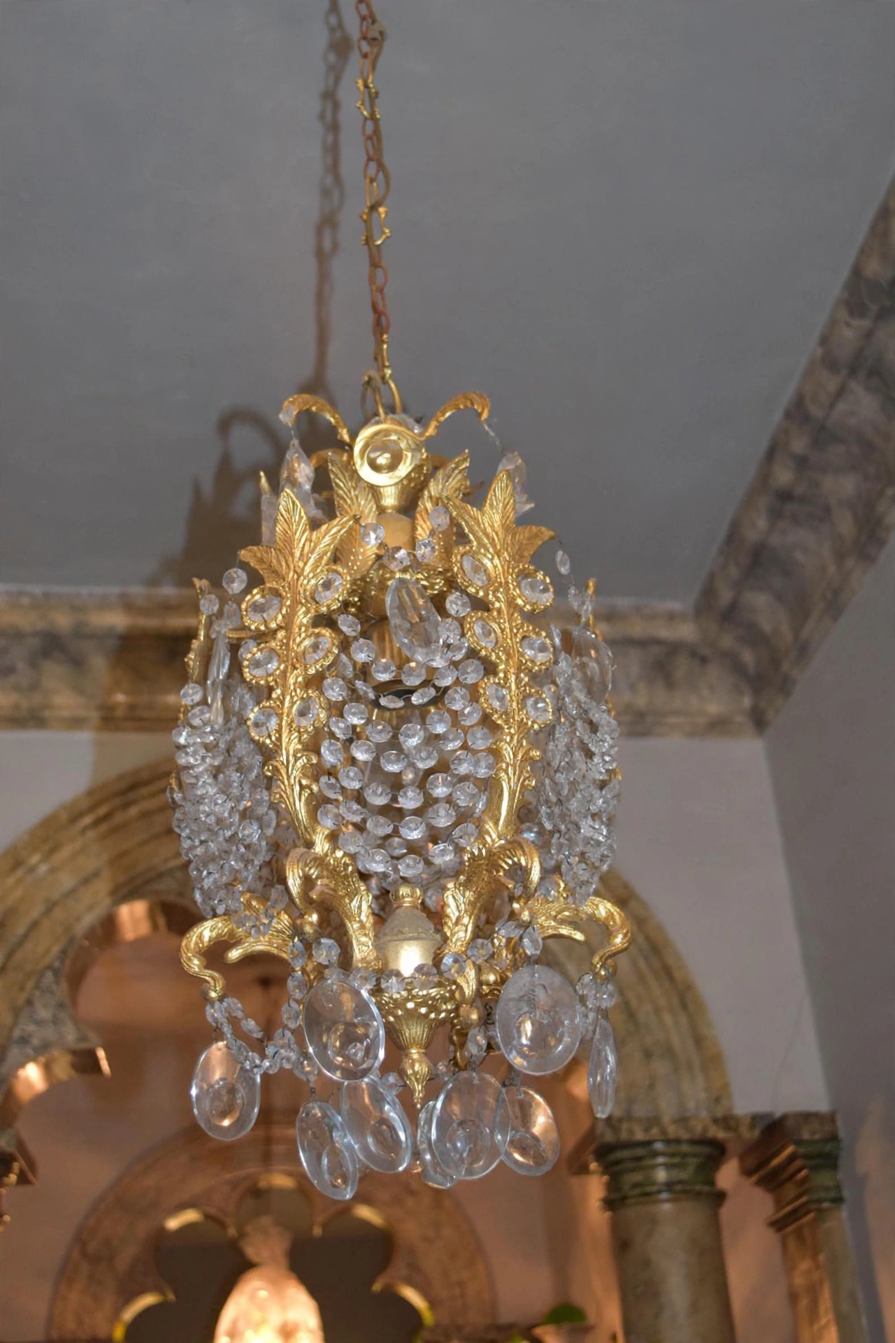 Set of 3 Vintage 1970s Gold & Strass Crystal Cage Chandeliers - Louis XV Style